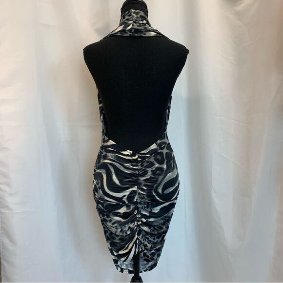 Uk2la gray black white leopard cheetah halter top bodycon mini dress open back S - Picture 3 of 8
